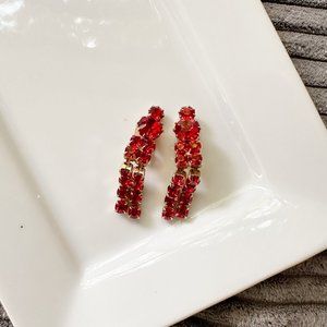 Vintage Gold Metal Link Ruby Red Dangle Clip On Earrings 30's Deco